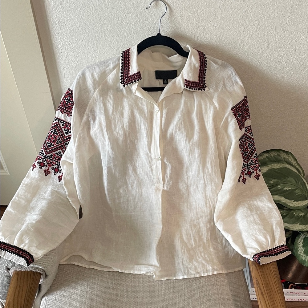 Nili Lotan White Linen Button-Down Shirt with Red Embroidery